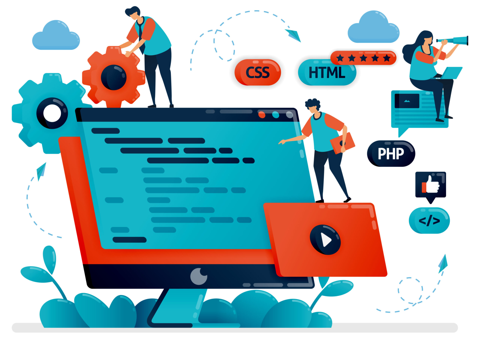 Designing program, web, apps on monitor screen or desktop. Teamwork in developing programming. Debugging development process. Vector illustration for website homepage header landing web page template